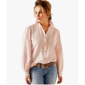 Pink Eyelet Western Blouse Long Sleeve‎ Romantic Button Down Top Sz L